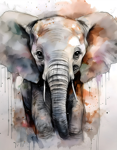 Baby Elephant Inkwash Digital Download