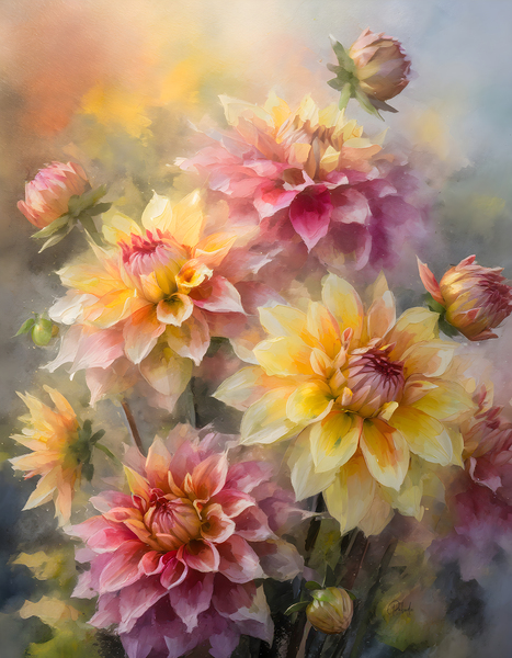 Dahlia Blooms and Buds Print