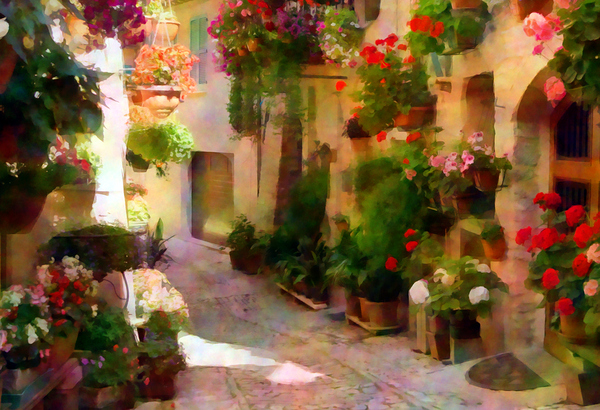 Flower Filled Cobblestone Alley by Pabodie Art