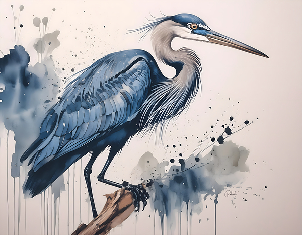 Great Blue Heron Ink Wash by Pabodie Art