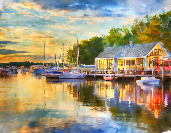 Riverside Dining in Vermilion by Pabodie Art
