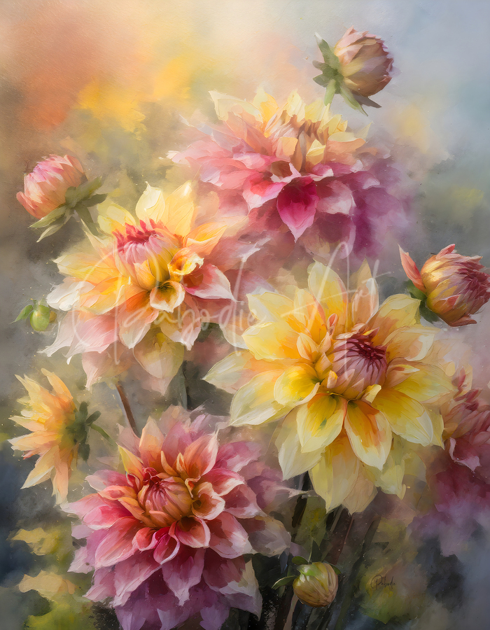 Dahlia Blooms and Buds  Print