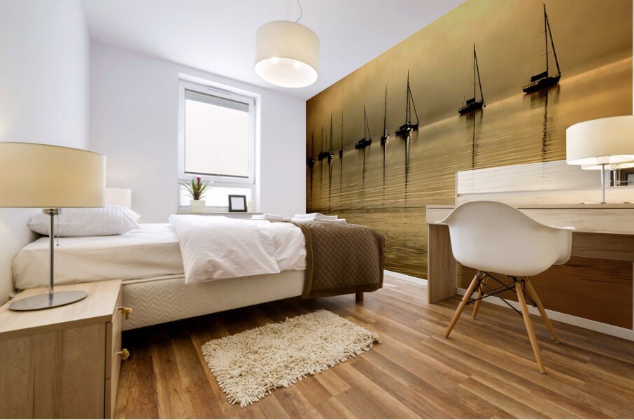 Anchored Out Under a Golden Sky Mural print