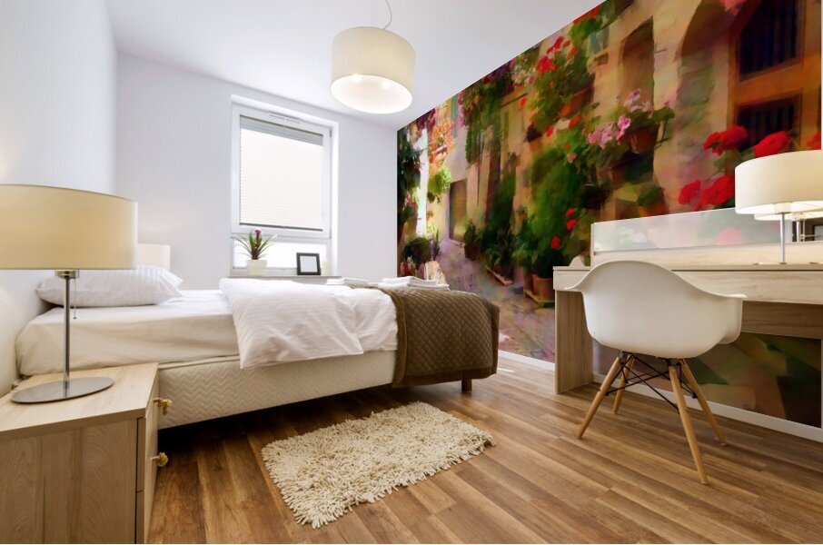 Flower Filled Cobblestone Alley Mural print