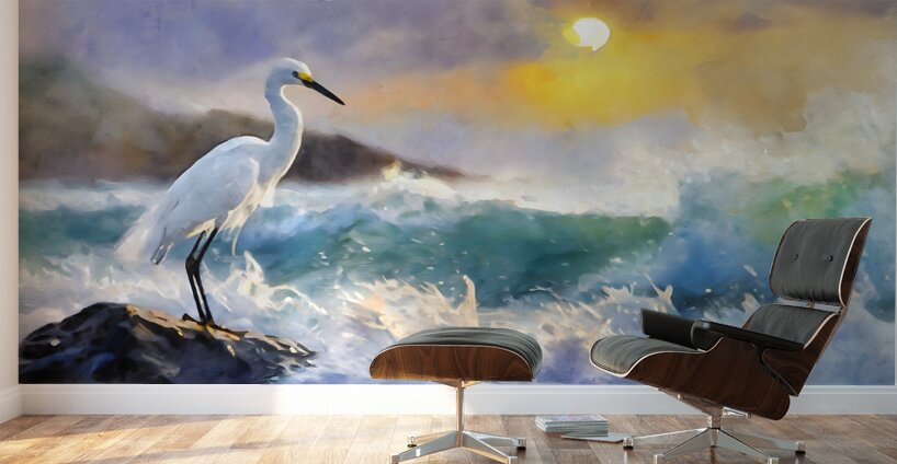 The Egret And The Rough Sea Wall Murals