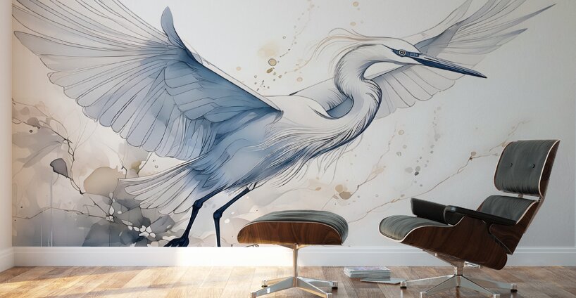 Egret In Flight Ink Wash Wall Murals
