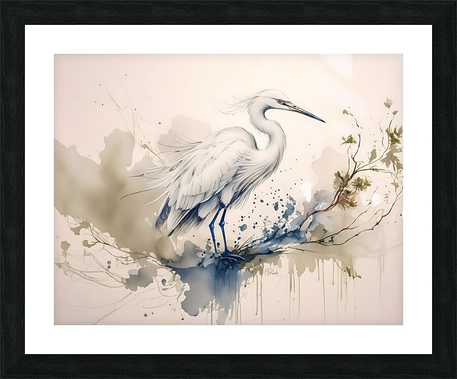 Egret Ink Wash Picture Frame print
