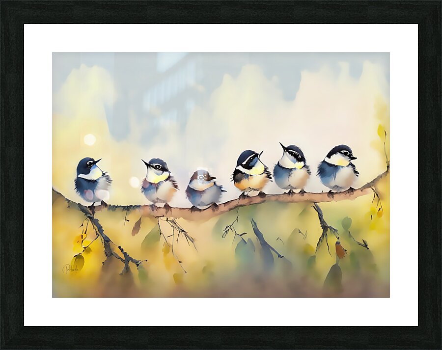Baby Chickadees on a Branch  Framed Print Print