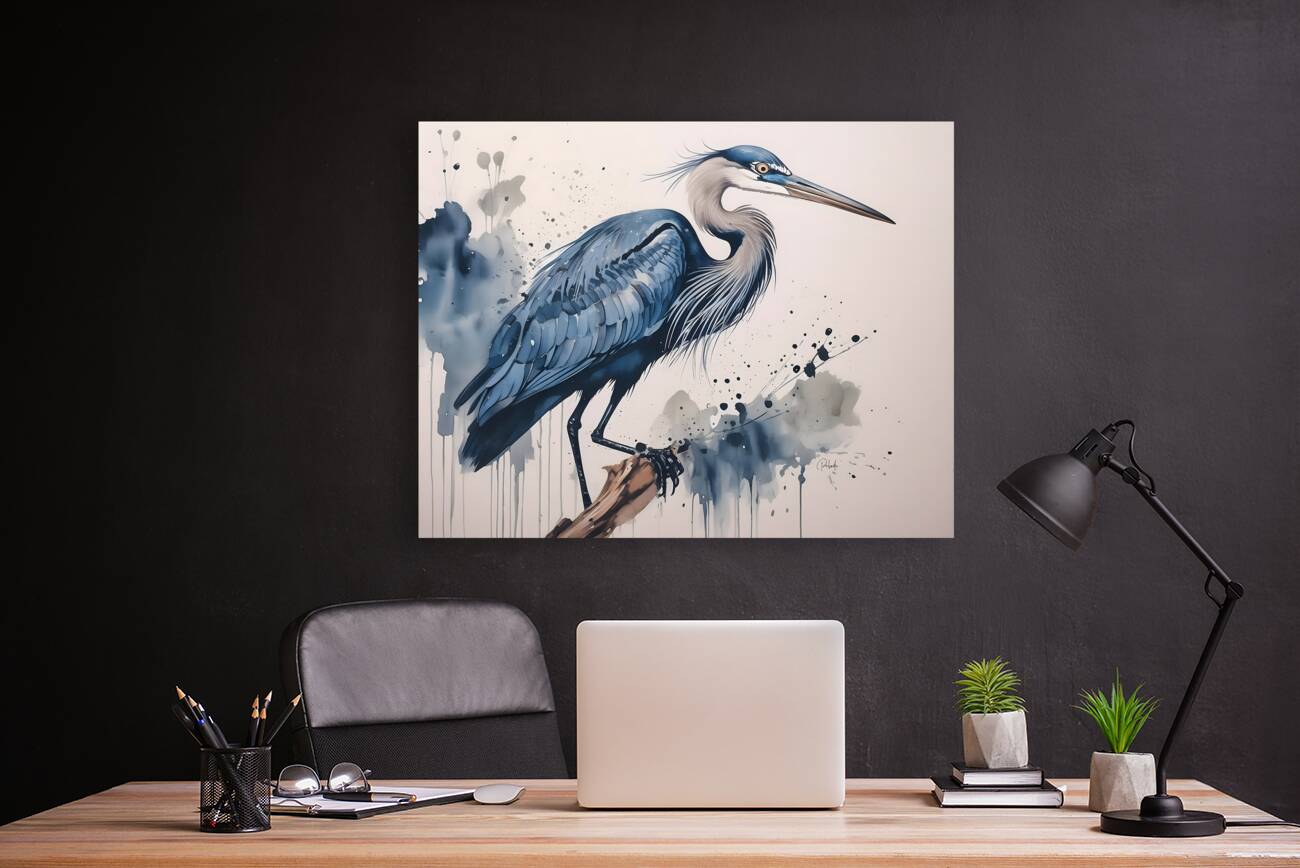 Great Blue Heron Ink Wash Reproduction